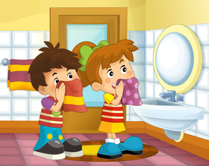 Cartoon kid in the bathroom - girl and boy wiping face with towels - illustration for children