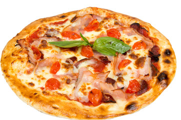 Pizza on a white background with cherry tomatoes, meat and cheese.