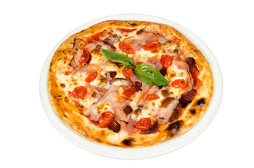 Pizza on a white background with cherry tomatoes, meat and cheese.