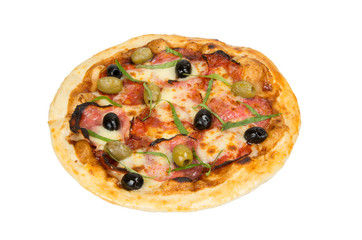 Pizza on a white background with tomato sauce, cheese, salami and olives.