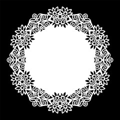 Lace round paper doily, lacy snowflake, greeting element,  template for cutting  plotter, round pattern, laser cut  template, doily to decorate the cake,  vector illustrations.