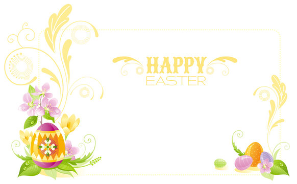 Happy Easter banner border. Spring landscape - yellow egg, crocus flower, grass, cherry blossom. Springtime nature. Template vector illustration background. Flat greeting card. Text lettering