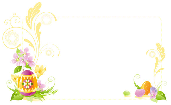 Happy Easter banner border. Spring landscape - yellow egg, crocus flower, leaf, cherry blossom. Springtime nature. Horizontal template vector illustration background. Flat greeting card.