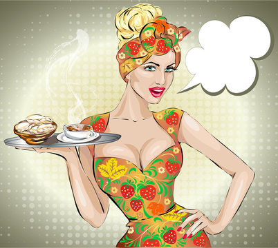 Pin up sexy woman with food tray, russian waitress brings lunch, vector