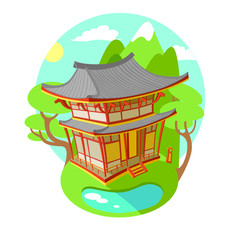 Obraz na płótnie Canvas Bright vector illustration flat. Asian traditional architecture. The building is in the mountains and lakes. Sunny summer weather.