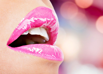  Closeup Beautiful female lips with pink  lipstick