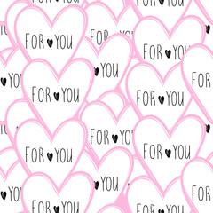 Vector seamless pattern with hearts and inscriptions 