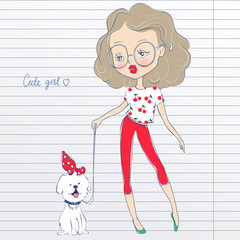 Cute vector girl and pet on a piece of paper.Stylish young teen went for a walk with the dog. Cartoon lady. Colorful illustration in notebook paper.Pen drawing imitation.Little model.Funny personage. 