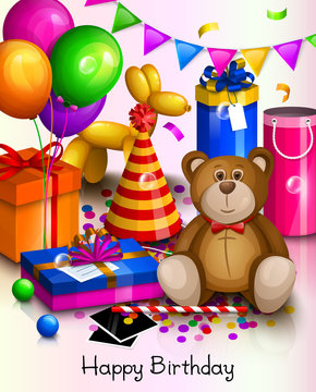 Happy birthday greeting card. Colorful wrapped gift boxes. Lots of presents and toys. Party balloons, dog balloon, hat, confetti, teddy bear, playing ball on the floor. Vector.