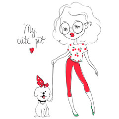 Cute vector girl and pet isolated on white background. Stylish young teen went for a walk with the dog. Cartoon lady. Colorful sketch illustration. Little model. Casual outfit. Funny personage. 