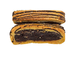 Delicious chocolate filled cake pieces on a white background