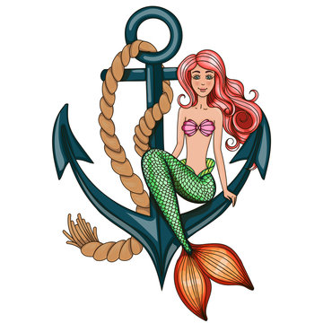 Sweetheart mermaid girl sitting on the anchor.