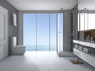 3d rendering bathroom near sea view