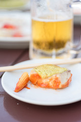 salmon steak  pour with japanese mustard cream sauce .