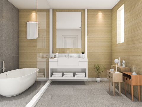 3d rendering beech wood bathroom with light from window