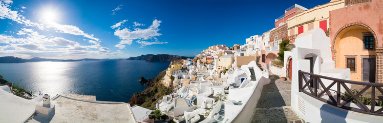 Panorama of Oia village with colorful houses  , view of Oia town, Santorini island, Greece