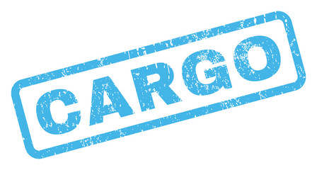 Cargo text rubber seal stamp watermark. Tag inside rectangular shape with grunge design and dust texture. Inclined vector blue ink emblem on a white background.