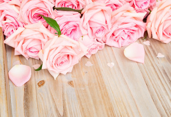 Pink blooming valentines day roses with petals on wood with copy space