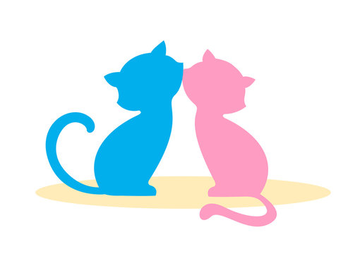 Two in love, enamored cat, boy and girl kissing. Blue and pink silhouette, logo in a flat style. Illustration wedding or Valentine's Day. Amorous Animals Cartoon Characters. Isolated vector