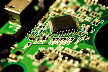 Macro photo of electronic circuit board of computer chip