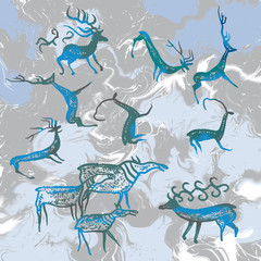rock paintings, ancient paintings, animals, deer, horns, horse, wild, gray, blue, white