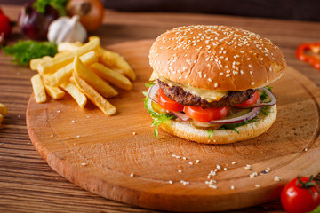 Hamburger with meat cutlet