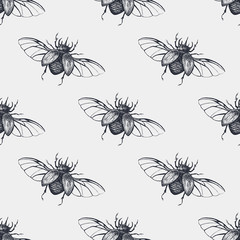 Beetles with wings vintage seamless pattern
