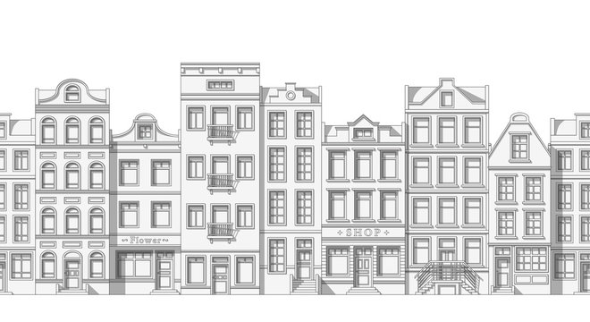 Seamless thin line cityscape background with classic houses 