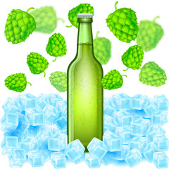 Realistic green bottle of beer stand in ice cubes among flying depth of field hop cones on white background