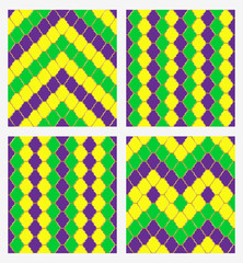 Set Mardi gras purple, green and yellow geometric seamless background. Pattern swatches with global colors.
