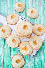 Home-made cookies of kurabie with apricot jam
