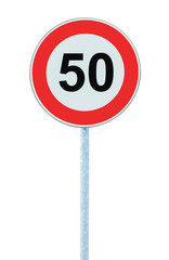 Speed Limit Zone Warning Road Sign, Isolated Prohibitive 50 Km Kilometre Sixty Kilometer Maximum...