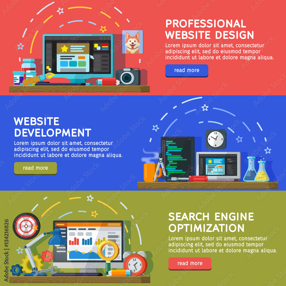 Poster set banners for web. horizontal banners for advertising in a flat style. website and apps developmen