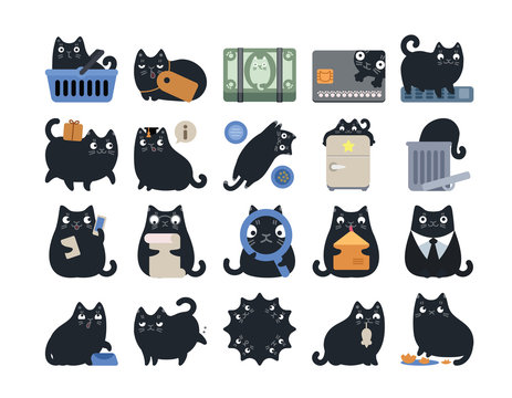 Business Finance Cat Icon Set Black
