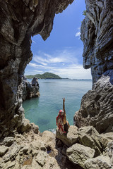 woman tourist enjoy the cave in island