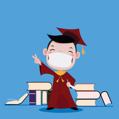 Young boy Happy to graduate and book background, vector cartoon