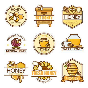 Vector set of colored honey labels, bee badges and design elements. Apiary logo template. Outline flat consept style