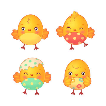 Easter chicks set. Cute easter chickens with painted belly. Isolated illustration on white background in vector.