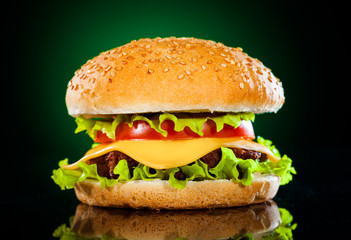 Tasty and appetizing hamburger on a darkly green
