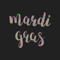 Mardi Gras stipple glitter calligraphy.