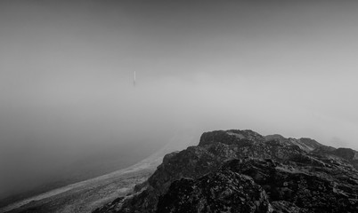 Summit of Rocky Hill in Fog at Sunrise Black and White