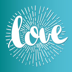Vector handwritten brush script. White letters isolated on colorful background. Love with burst