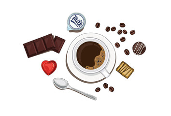 Cup  of coffee with different kind of sweet chocolate candy, red heart and coffee beans