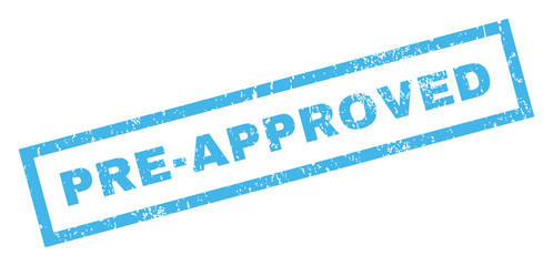 Pre-Approved text rubber seal stamp watermark. Caption inside rectangular shape with grunge design and scratched texture. Inclined vector blue ink emblem on a white background.