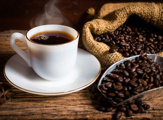 Hot coffee mug with cup and coffee bean bag
