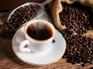 Hot coffee mug with cup and coffee bean bag
