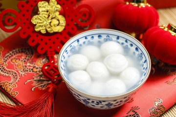 sweet rice dumplings in blue and white porcelain bowl,Chinese Lantern Festival