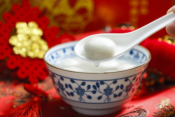 sweet rice dumplings in blue and white porcelain bowl,Chinese Lantern Festival