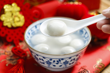 sweet rice dumplings in blue and white porcelain bowl,Chinese Lantern Festival