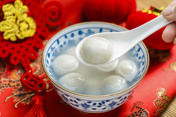 sweet rice dumplings in blue and white porcelain bowl,Chinese Lantern Festival